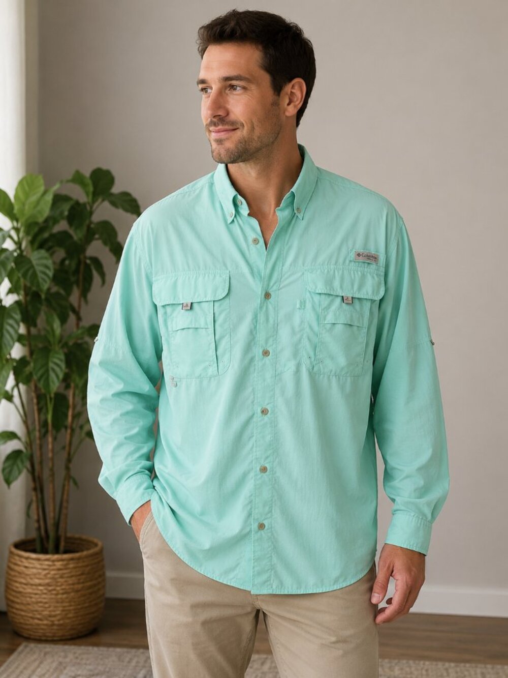 Columbia Men’s LT Mint Green Long Sleeve, PFG Style, Fishing Shirt Button Front